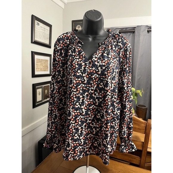 C&C CALIFORNIA Pink & Navy Speckled Peasant Boho V Neck Blouse Top Size XL EUC - Picture 1 of 10